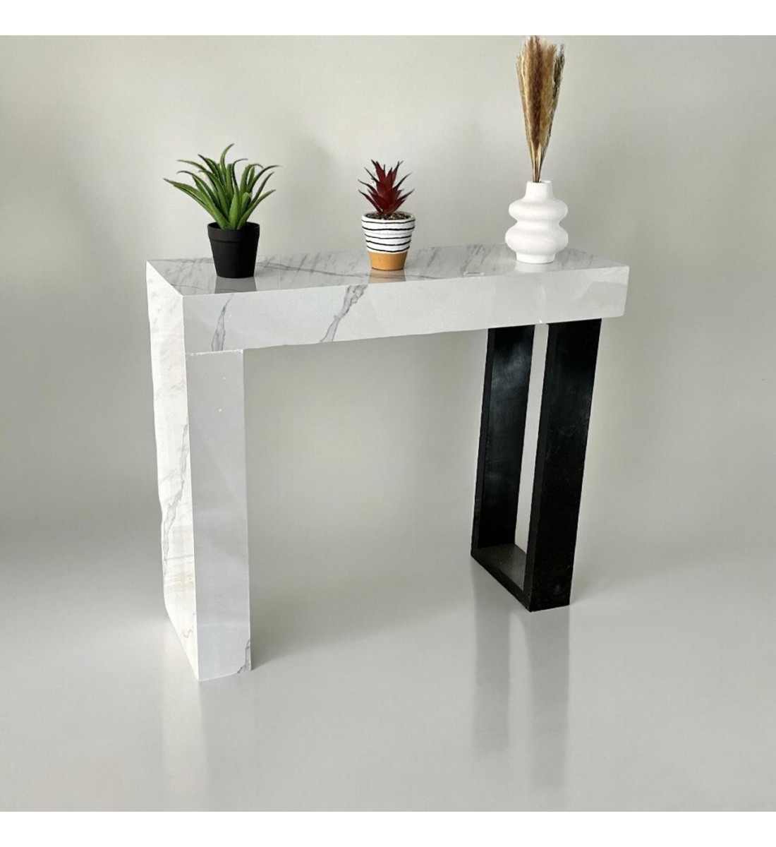 Classic entrance table, wood alternative, white with black side, 120 x 30 x 90 cm