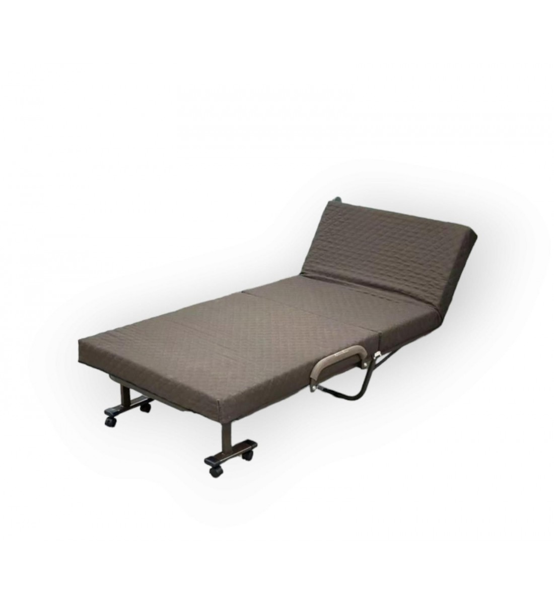 Bed with foldable mattress and movable wheels,