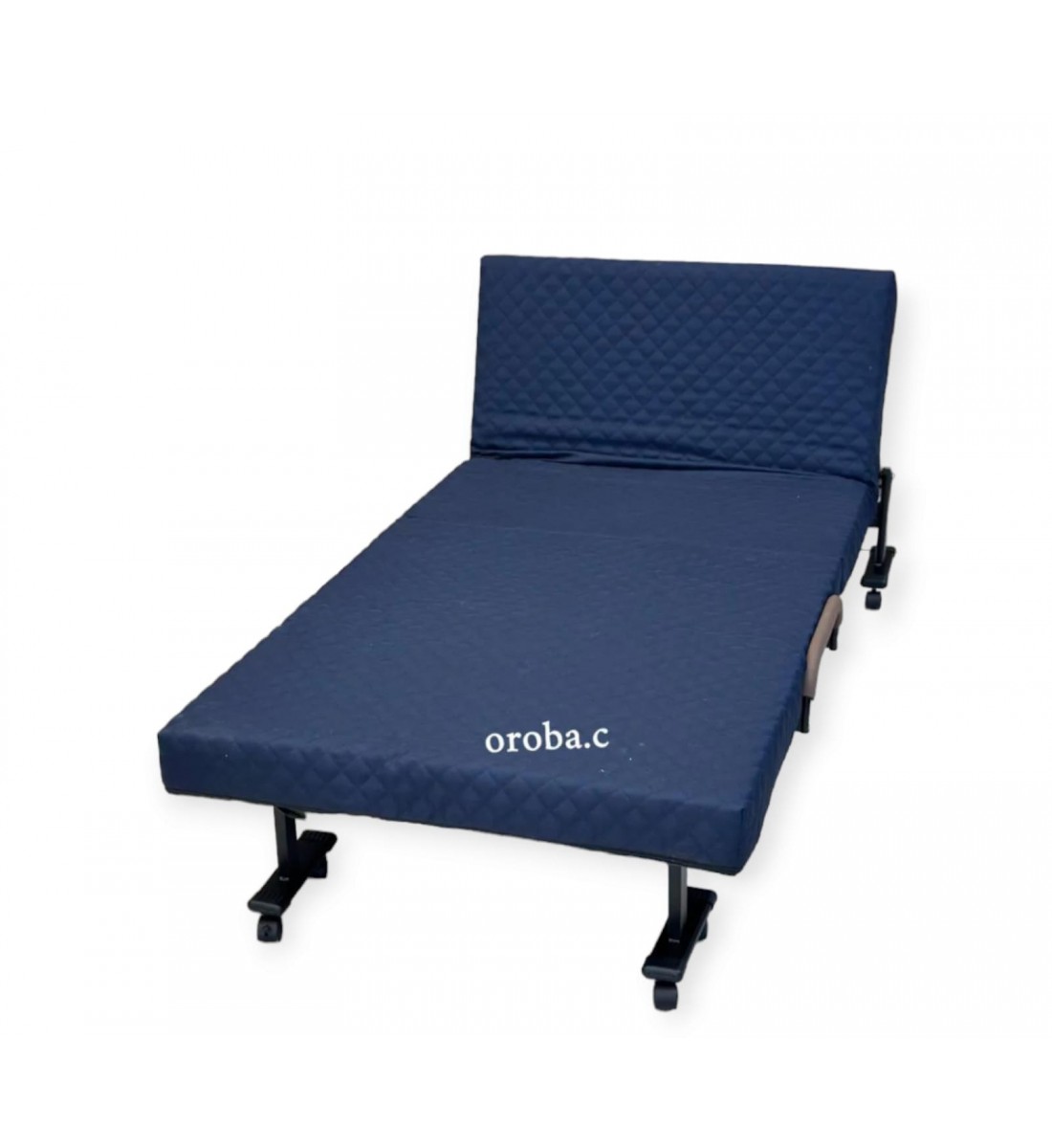 Bed with foldable mattress and movable wheels,