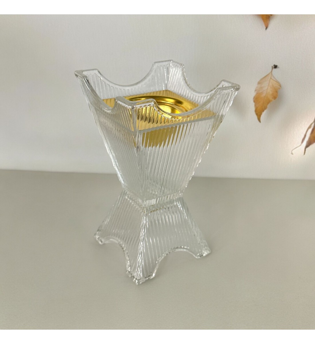 Transparent glass incense burner with gold, 18 x 10 x 10 cm