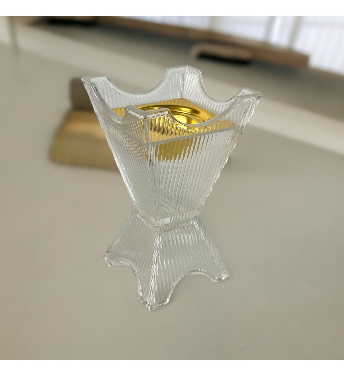 Transparent glass incense burner with gold, 18 x 10 x 10 cm