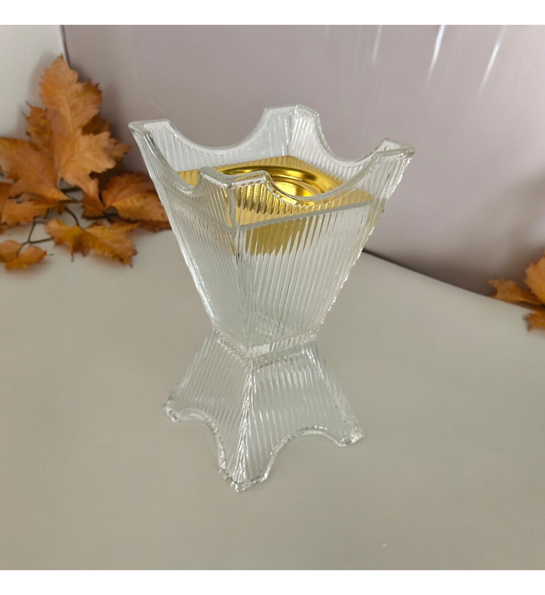 Transparent glass incense burner with gold, 18 x 10 x 10 cm