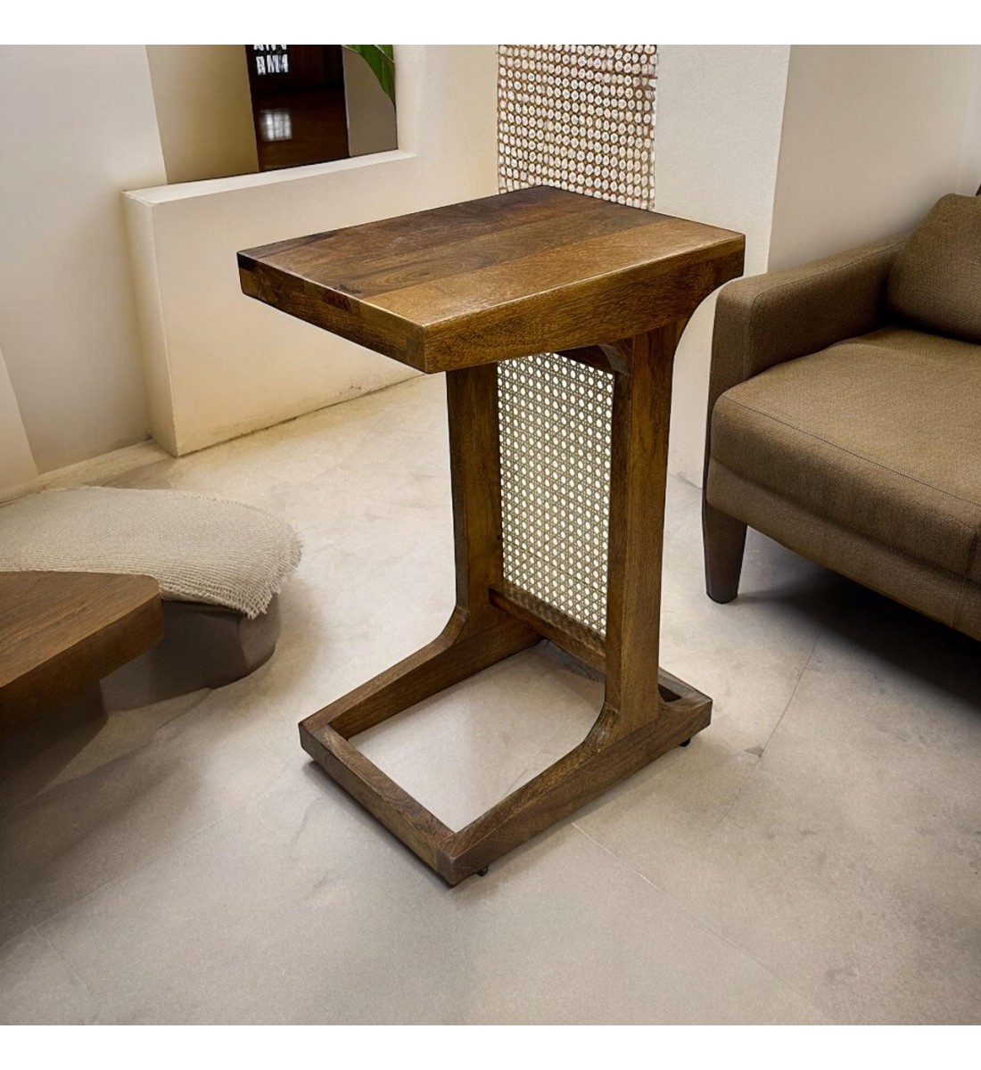 Indian table, natural wood with dark brown rattan, 30 x 40 x 60 cm