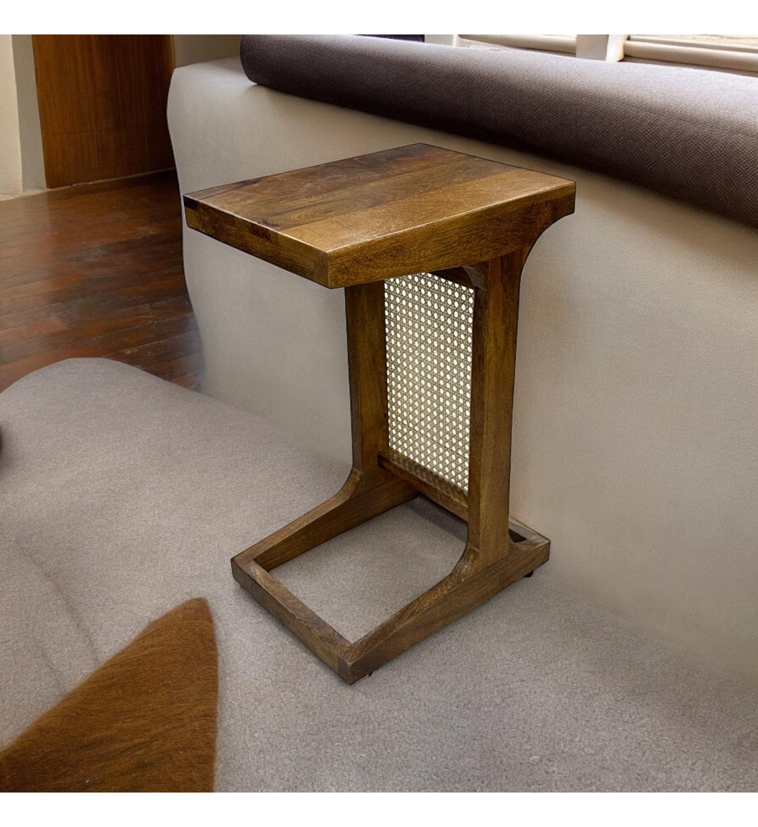 Indian table, natural wood with dark brown rattan, 30 x 40 x 60 cm