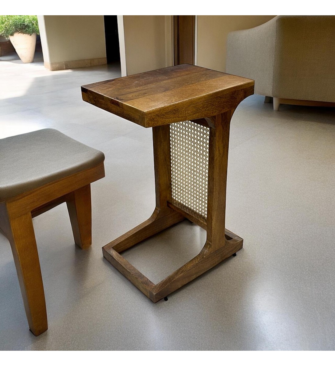 Indian table, natural wood with dark brown rattan, 30 x 40 x 60 cm