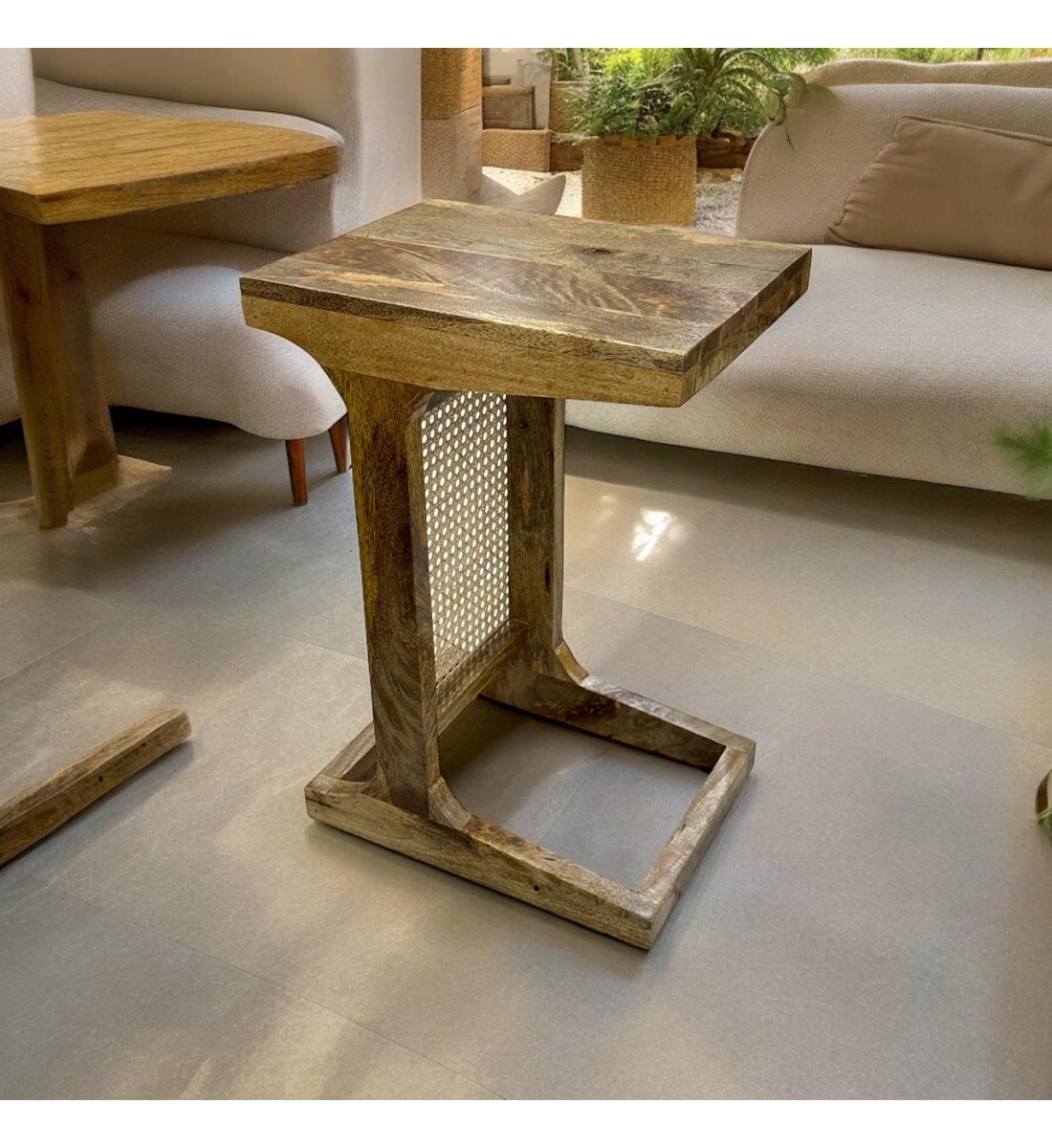 Indian table, natural wood with light brown rattan, 30 x 40 x 60 cm