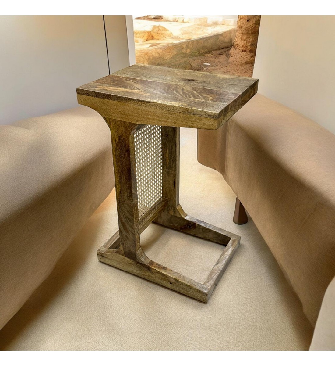 Indian table, natural wood with light brown rattan, 30 x 40 x 60 cm