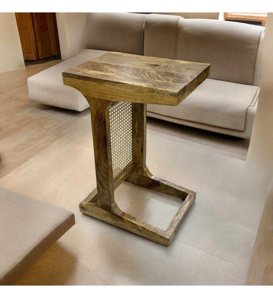 Indian table, natural wood with light brown rattan, 30 x 40 x 60 cm