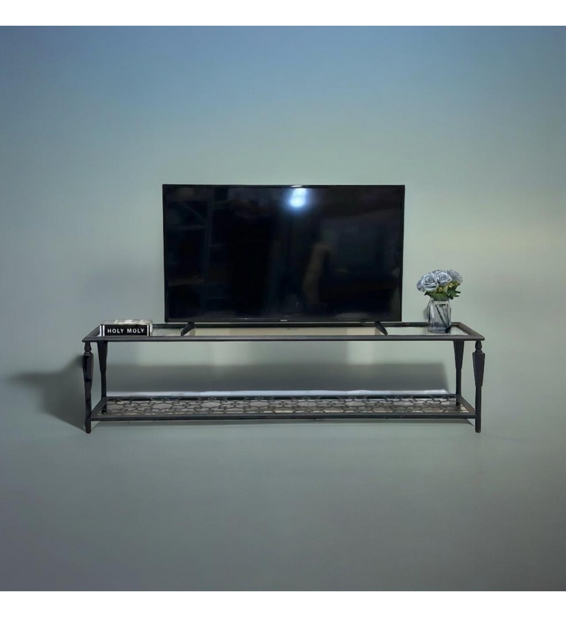 Black iron plasma table with glass top, 160 x 45 x 40 cm