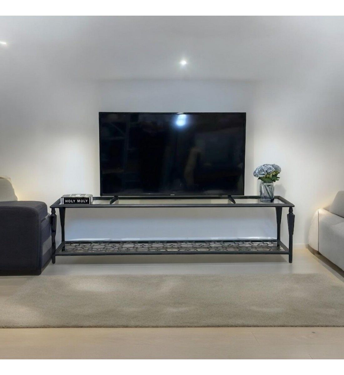 Black iron plasma table with glass top, 160 x 45 x 40 cm