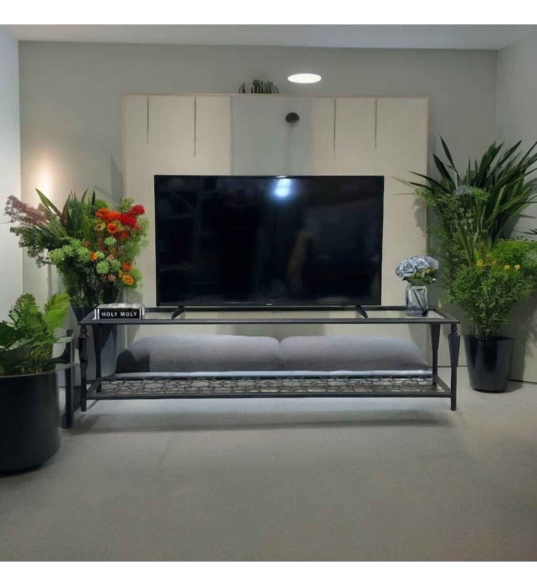 Black iron plasma table with glass top, 160 x 45 x 40 cm