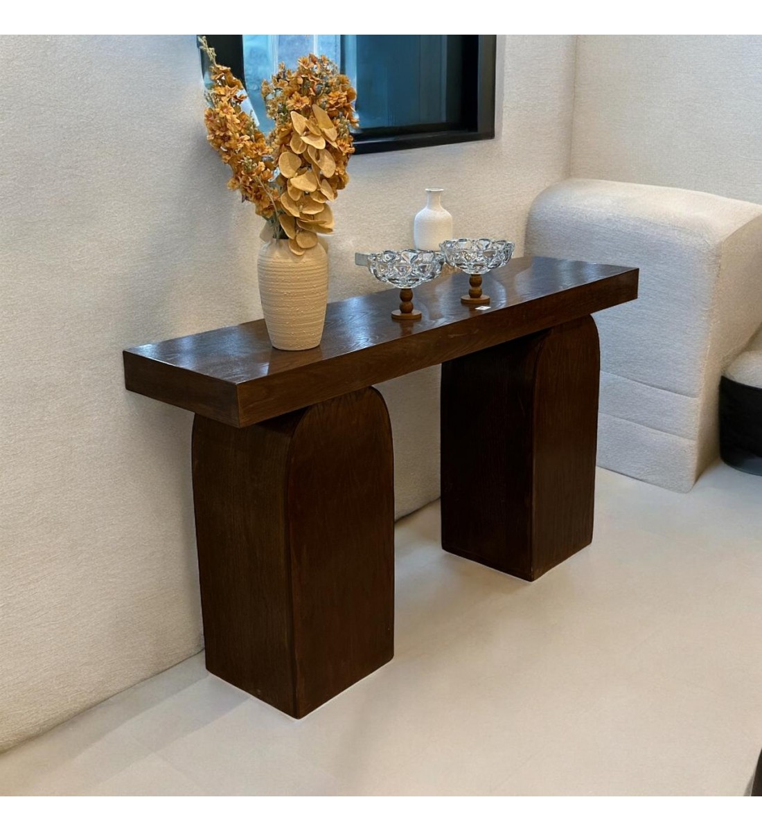 Brown wood console entrance table, 160 x 40 x 90 cm