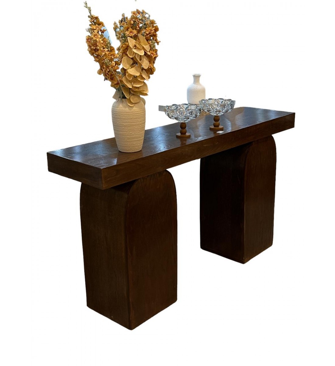 Brown wood console entrance table, 160 x 40 x 90 cm