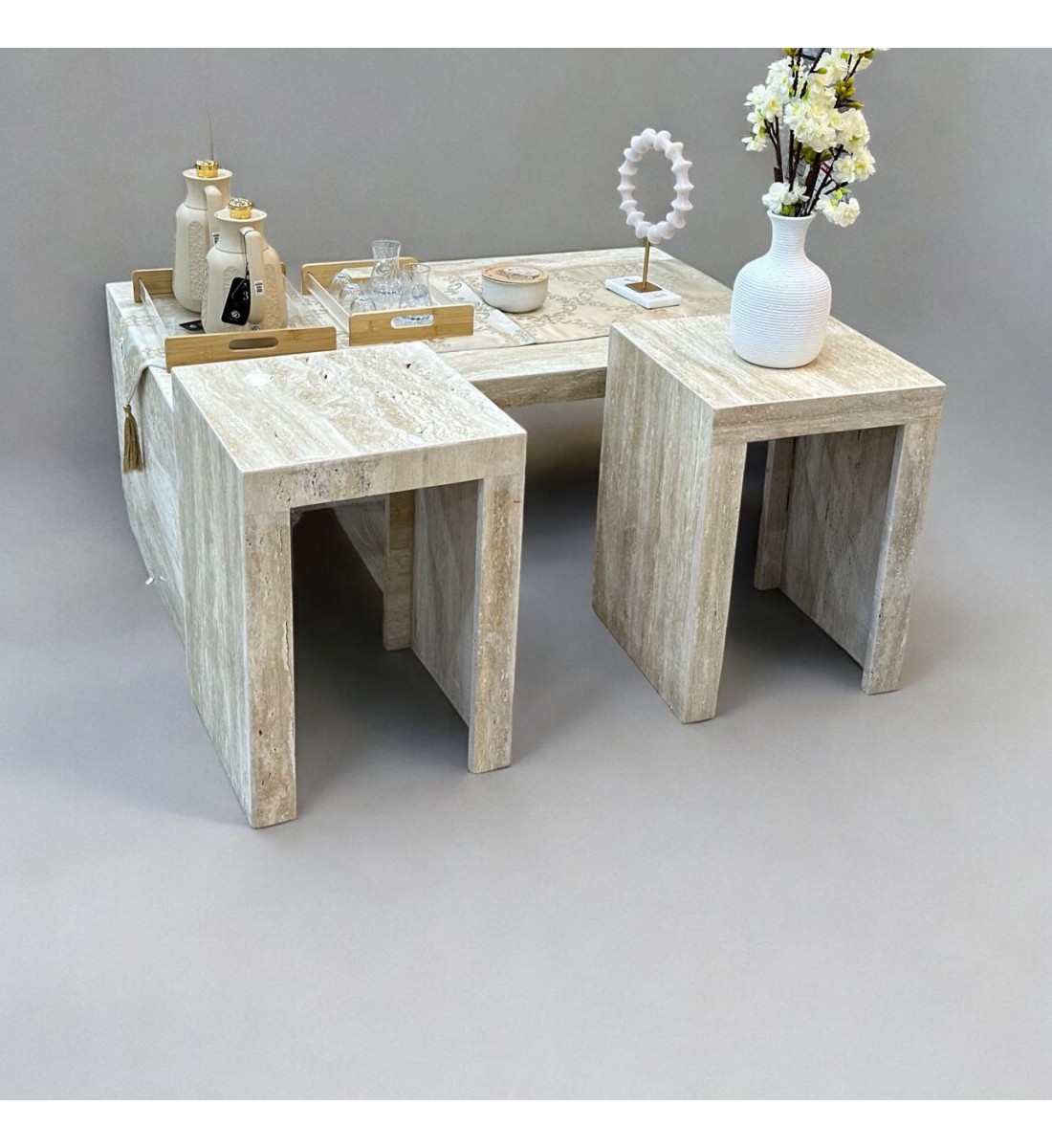 Travertine marble table set, 3 pieces