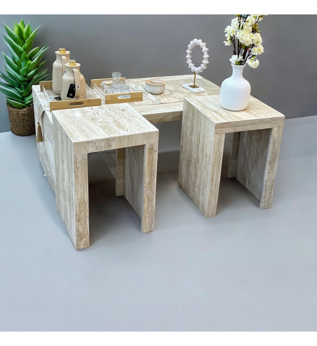 Travertine marble table set, 3 pieces