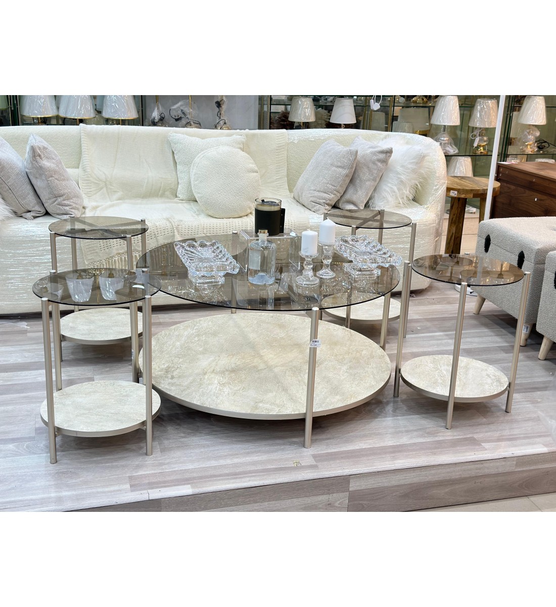 طقم طاولات شاي شامبين ستيل +بديل الرخام  5قطع 