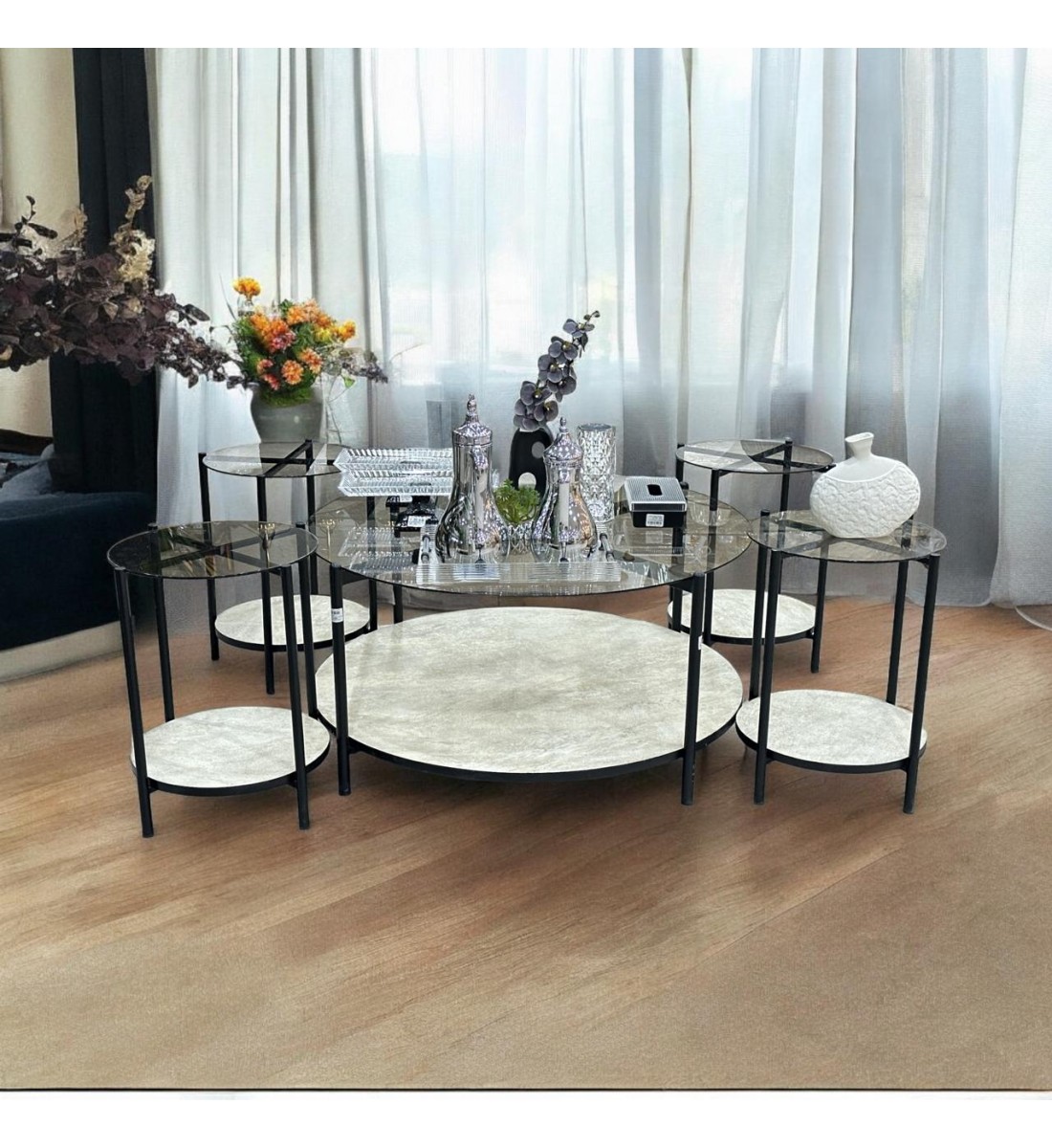 Black steel tea table set + marble alternative, 5 pieces