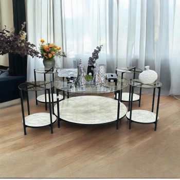 طقم طاولات شاي اسود ستيل +بديل الرخام  5قطع 