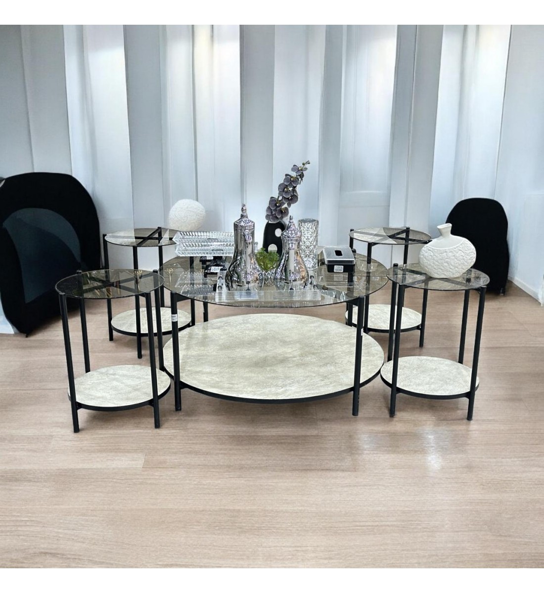Black steel tea table set + marble alternative, 5 pieces