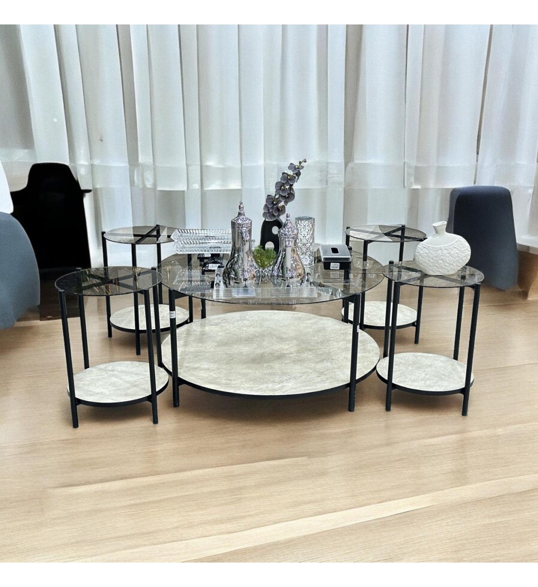 Black steel tea table set + marble alternative, 5 pieces