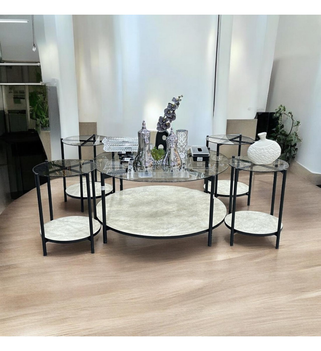 Black steel tea table set + marble alternative, 5 pieces