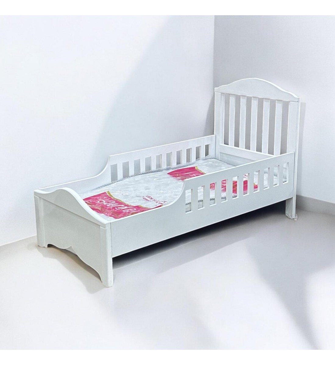 Wooden bed with mattress, length 170 cm, width 84 cm, height 100 cm, white colour