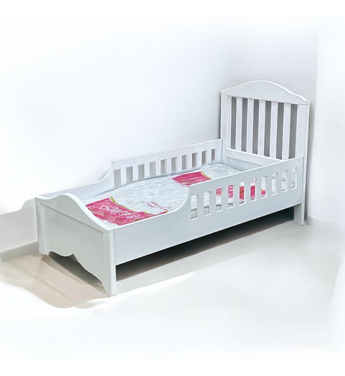 Wooden bed with mattress, length 170 cm, width 84 cm, height 100 cm, white colour