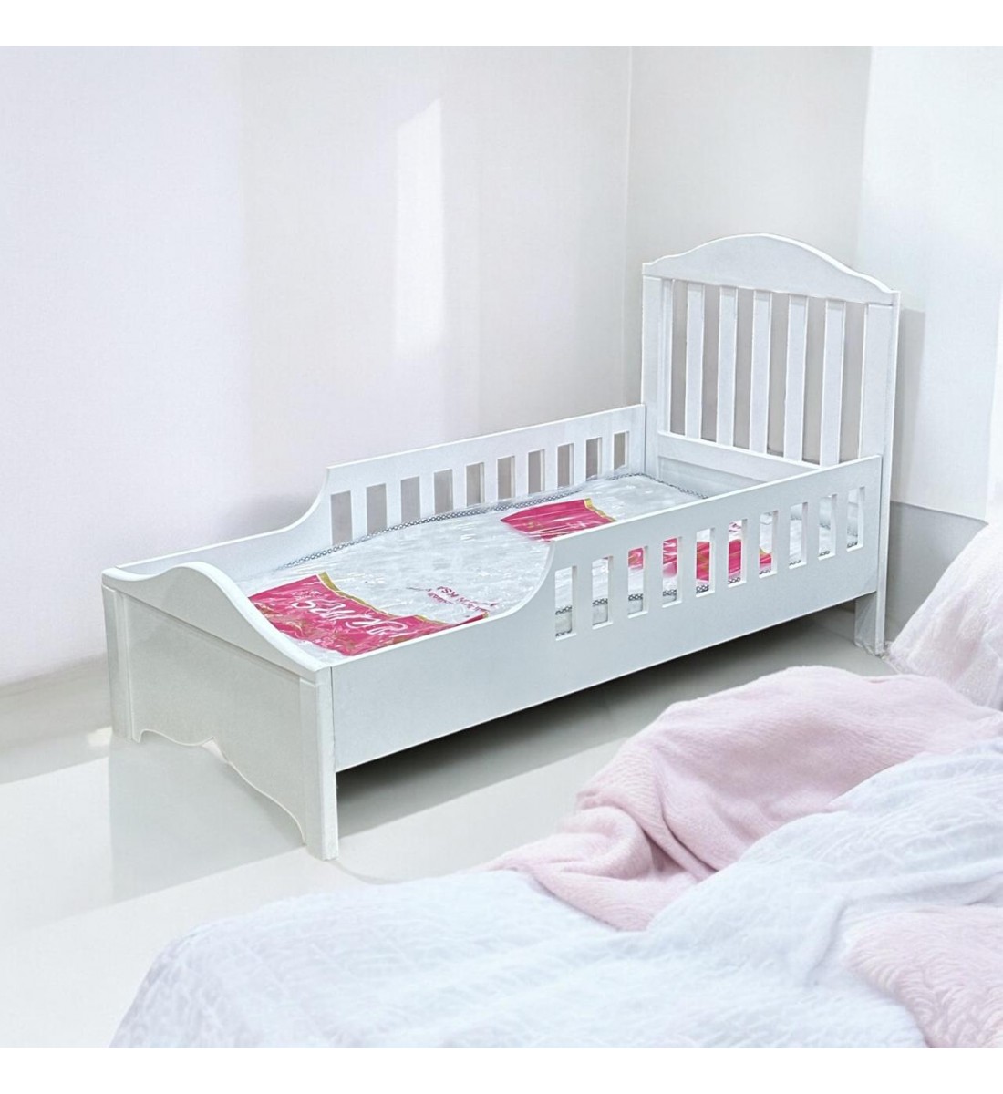 Wooden bed with mattress, length 170 cm, width 84 cm, height 100 cm, white colour