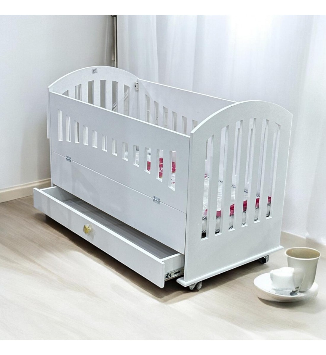 Wooden bed with mattress, length 123 cm, width 64 cm, height 82 cm, white colour