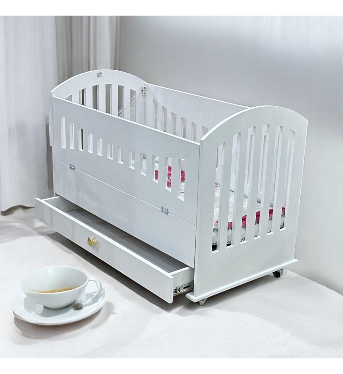 Wooden bed with mattress, length 123 cm, width 64 cm, height 82 cm, white colour