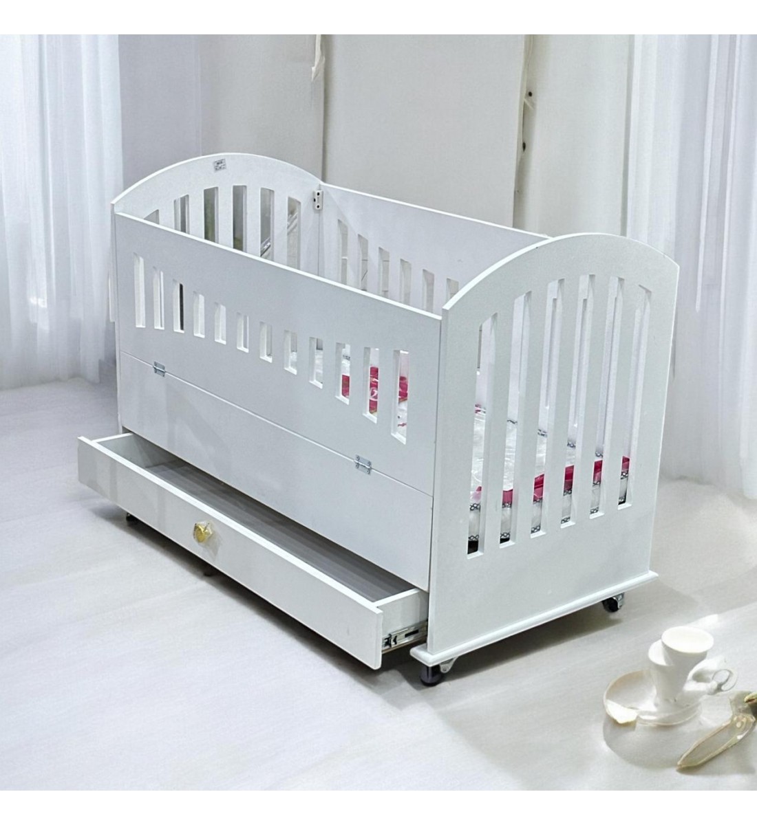 Wooden bed with mattress, length 123 cm, width 64 cm, height 82 cm, white colour