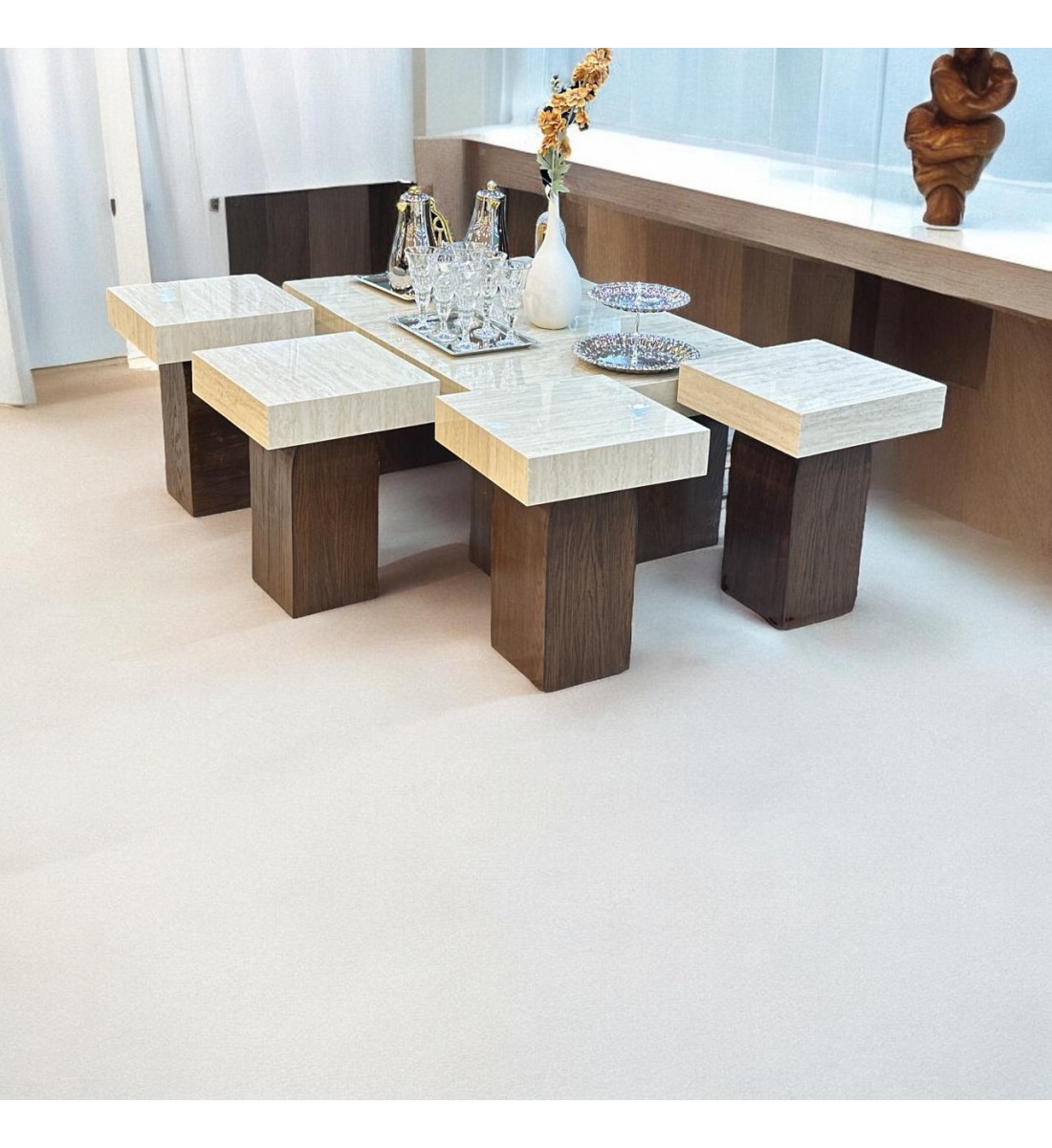 A set of coffee and serving tables, an alternative to marble, 7 pieces, with a brown base