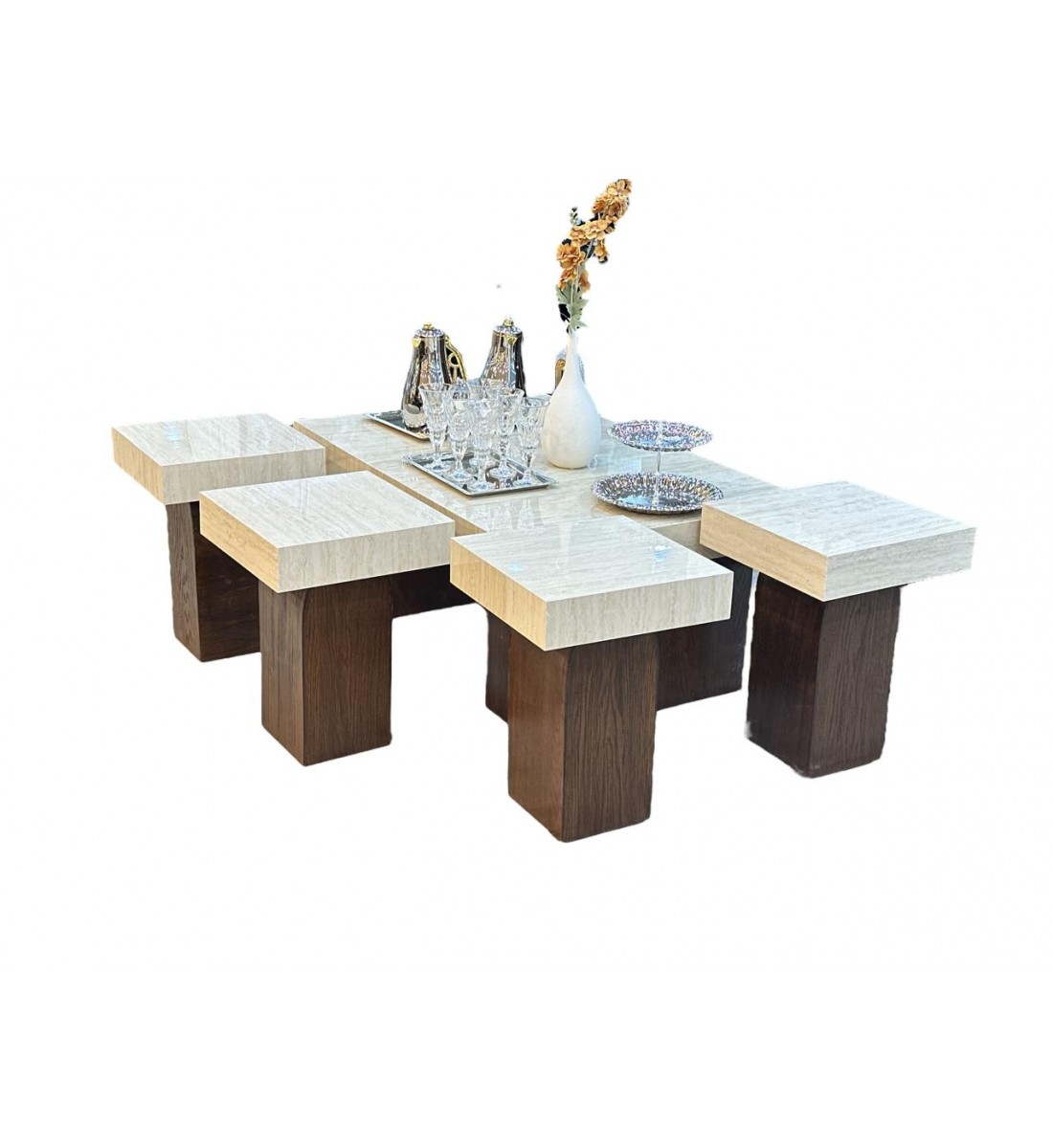 A set of coffee and serving tables, an alternative to marble, 7 pieces, with a brown base