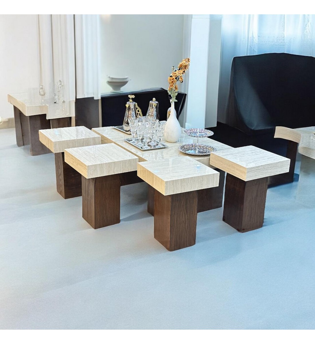 A set of coffee and serving tables, an alternative to marble, 7 pieces, with a brown base