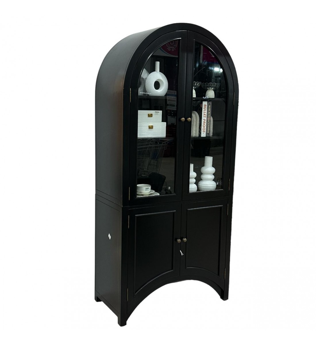 خزانه خشبي طراز فرنسي باب مقوس زجاجي فاخر مع درجين 