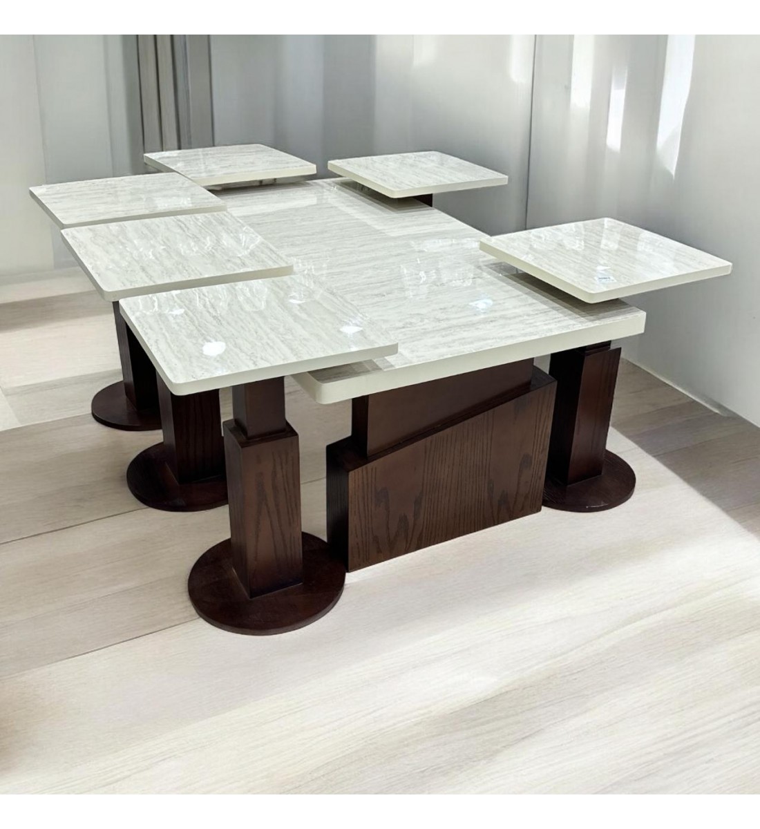 طقم طاولات قهوه وتقديم بديل الرخام  سطح ناعم 7قطع  قاعدة بني 