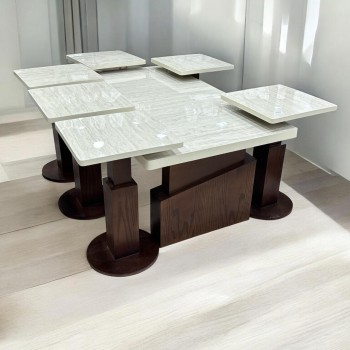 طقم طاولات قهوه وتقديم بديل الرخام  سطح ناعم 7قطع  قاعدة بني 