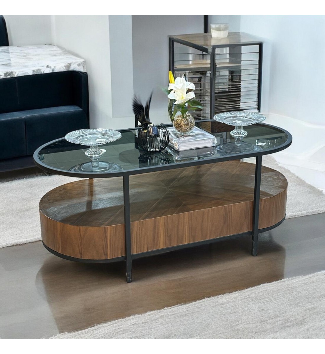 Large coffee table with walnut veneer base and glass top 120x50x60cm