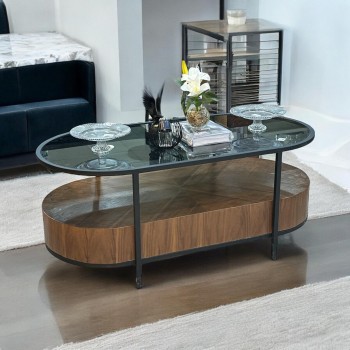 طاولة قهوه حجم كبير بقاعدة خشب قشرة الجوز وسطح زجاج 120×50×60سم 