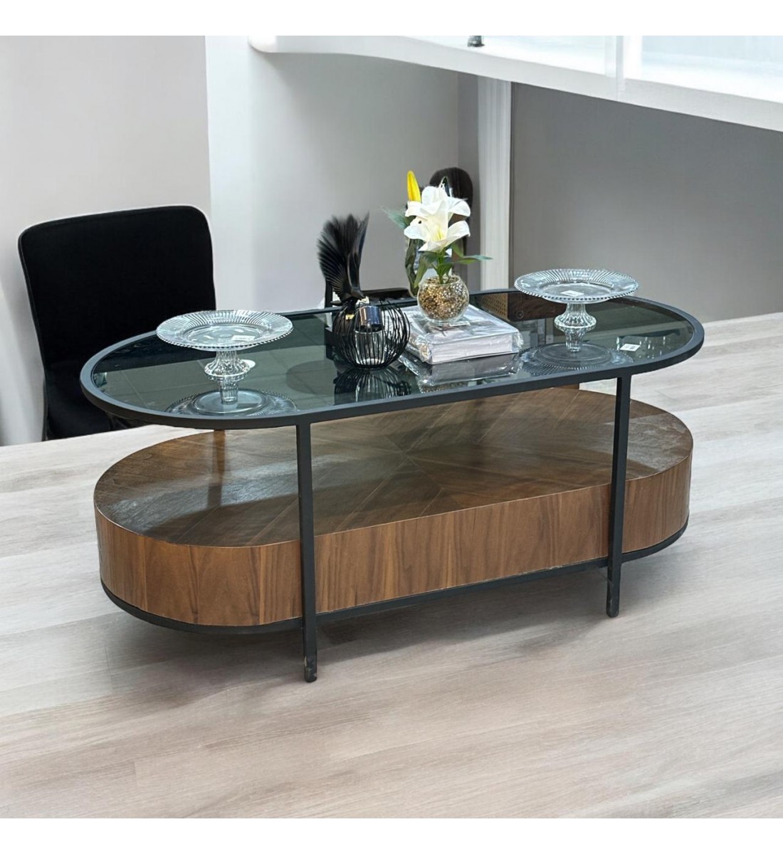Large coffee table with walnut veneer base and glass top 120x50x60cm