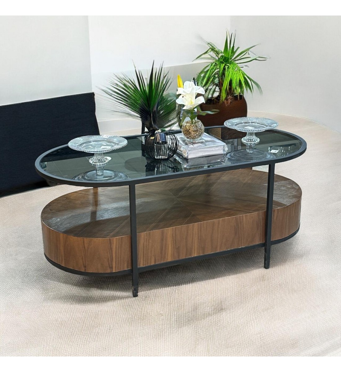 Large coffee table with walnut veneer base and glass top 120x50x60cm