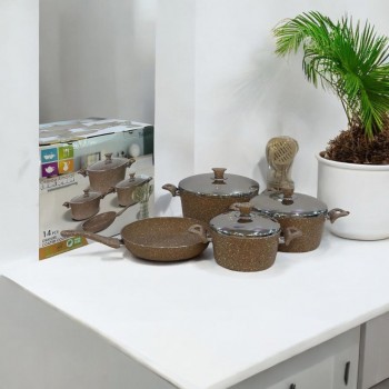 طقم قدور جرانيت تركي 14 قطعة غطاء استيل عالي الجودة لون بني