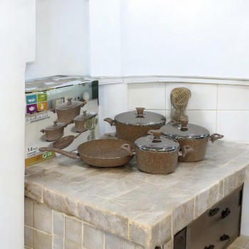 طقم قدور جرانيت تركي 14 قطعة غطاء استيل عالي الجودة لون بني