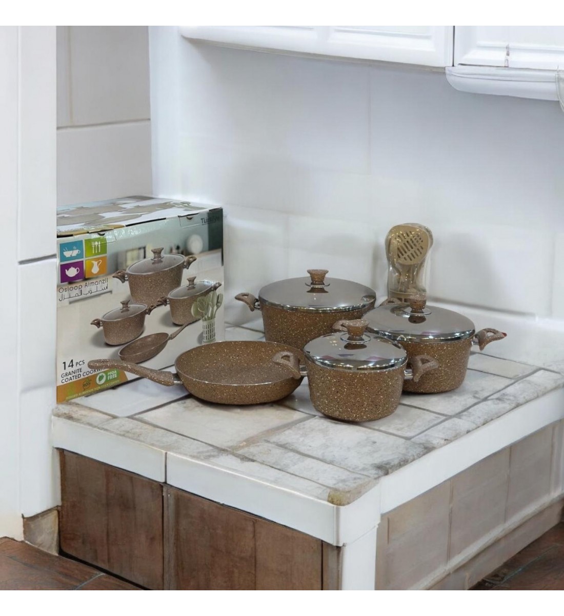 Turkish granite cookware set 14 pieces, high quality stainless steel cover, brown color