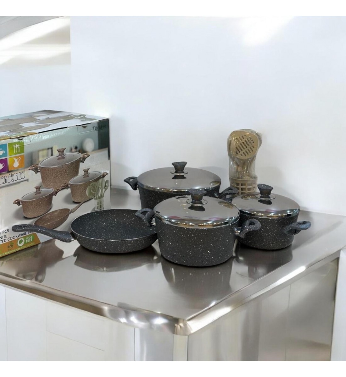 Turkish granite cookware set 14 pieces, high quality stainless steel cover, black color