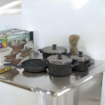 طقم قدور جرانيت تركي 14 قطعة غطاء استيل عالي الجودة لون رمادي