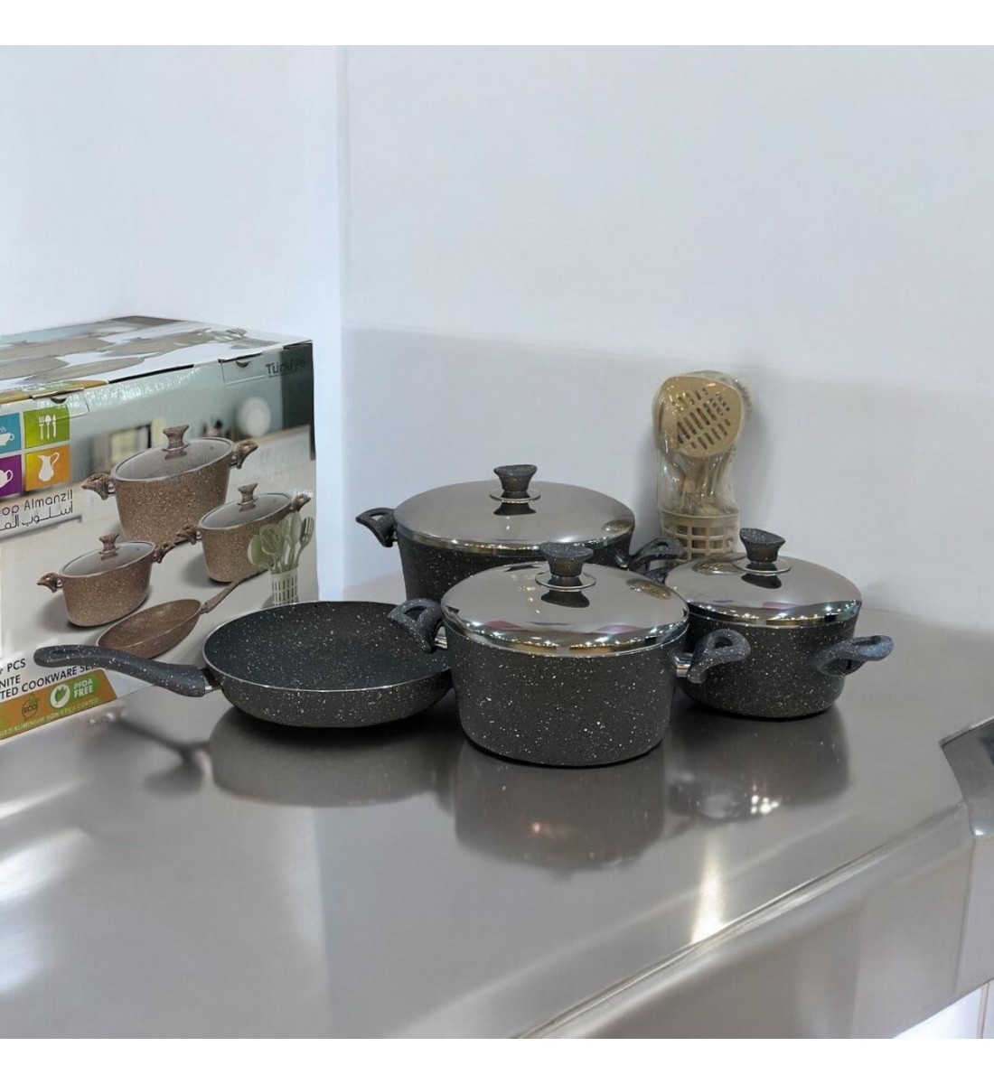 Turkish granite cookware set 14 pieces, high quality stainless steel cover, black color