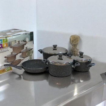 طقم قدور جرانيت تركي 14 قطعة غطاء استيل عالي الجودة لون رمادي