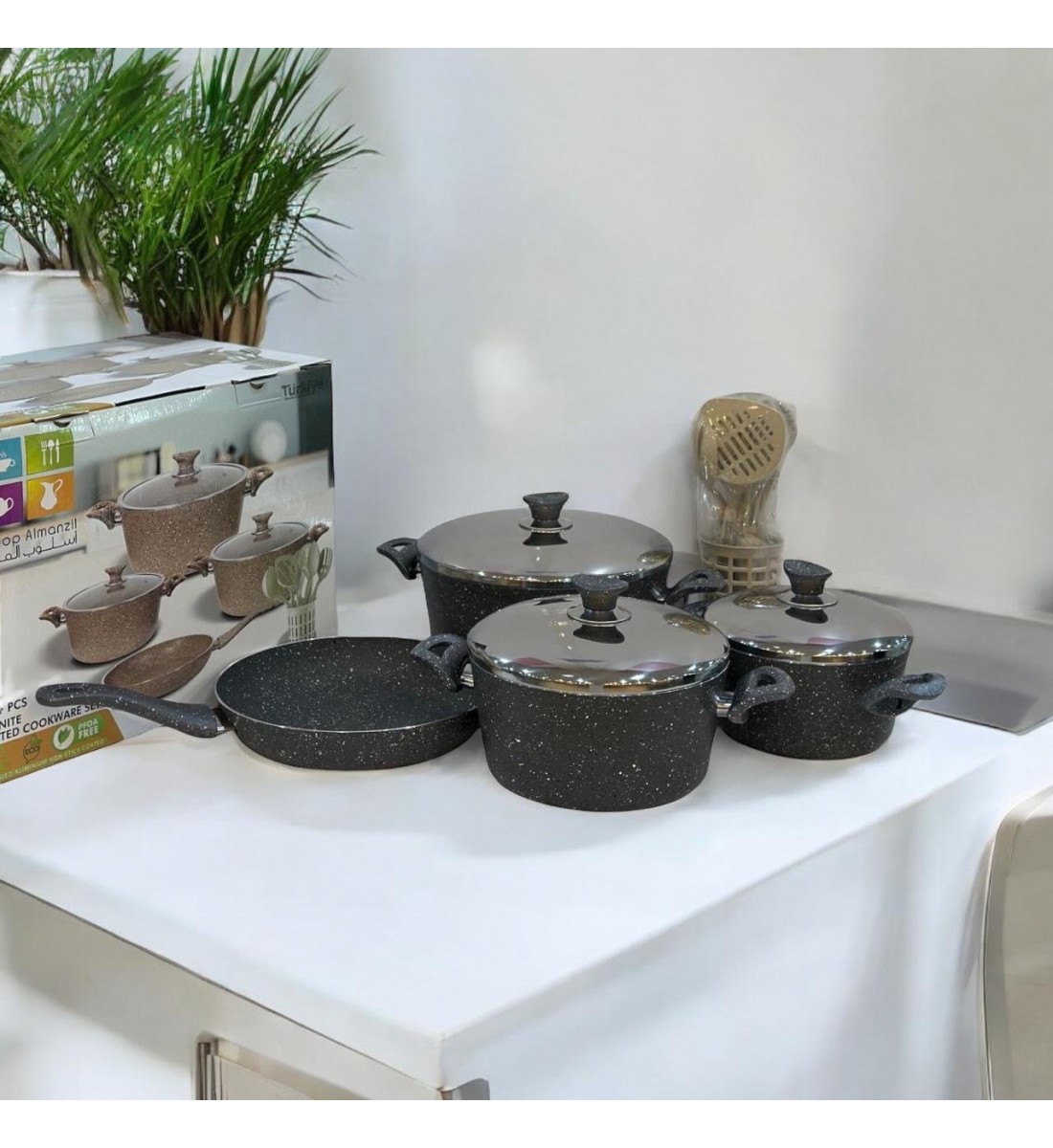 Turkish granite cookware set 14 pieces, high quality stainless steel cover, black color