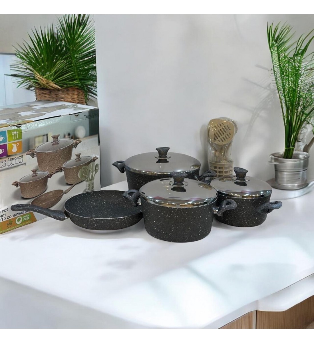 Turkish granite cookware set 14 pieces, high quality stainless steel cover, black color